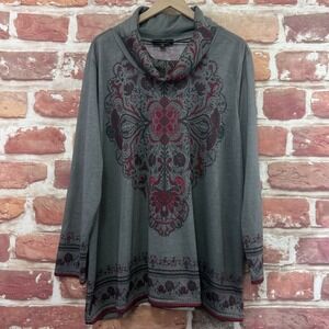 Suzanne Betro Top Women's 3X Gray Boho Floral Medallion Cowl Neck Knit Tunic Top
